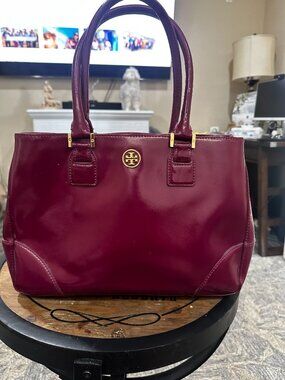 ✨Tory Burch Wine Burgundy Structured Satchel Tote w/ Mirror & Gold Fee